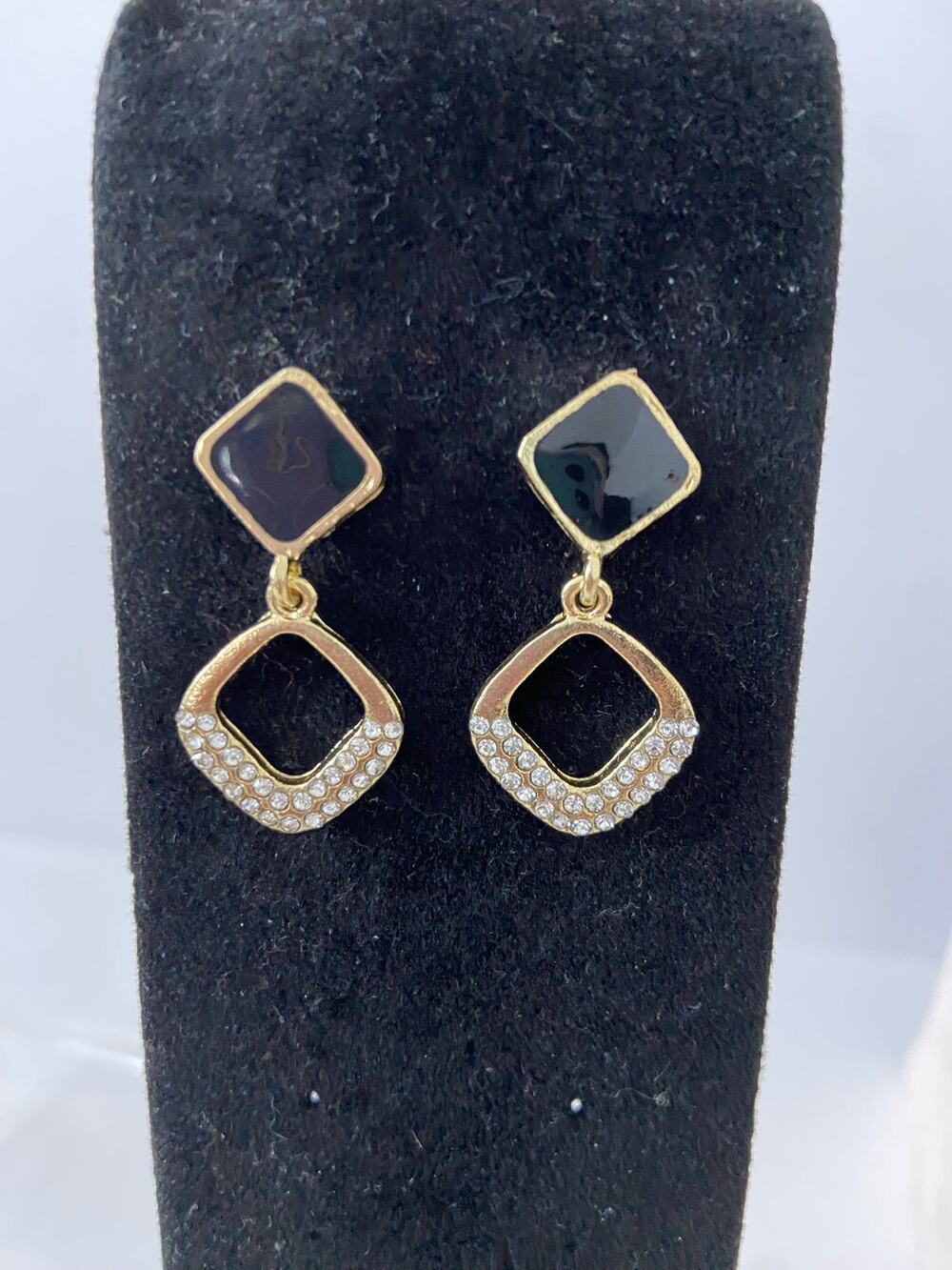 Geometric Black enamel and rhinestone earrings